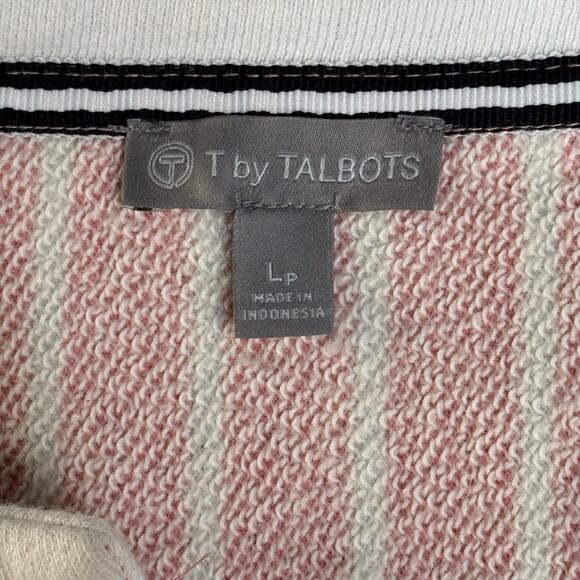 T by Talbots Pullover Split Neck Striped Kangaroo Pocket Top Women Lp Pink White - Picture 8 of 9